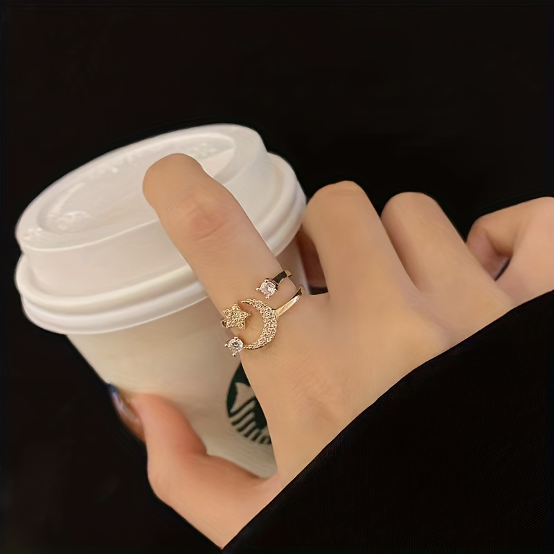 Adjustable Star & Moon Ring with CZ Stainless Steel